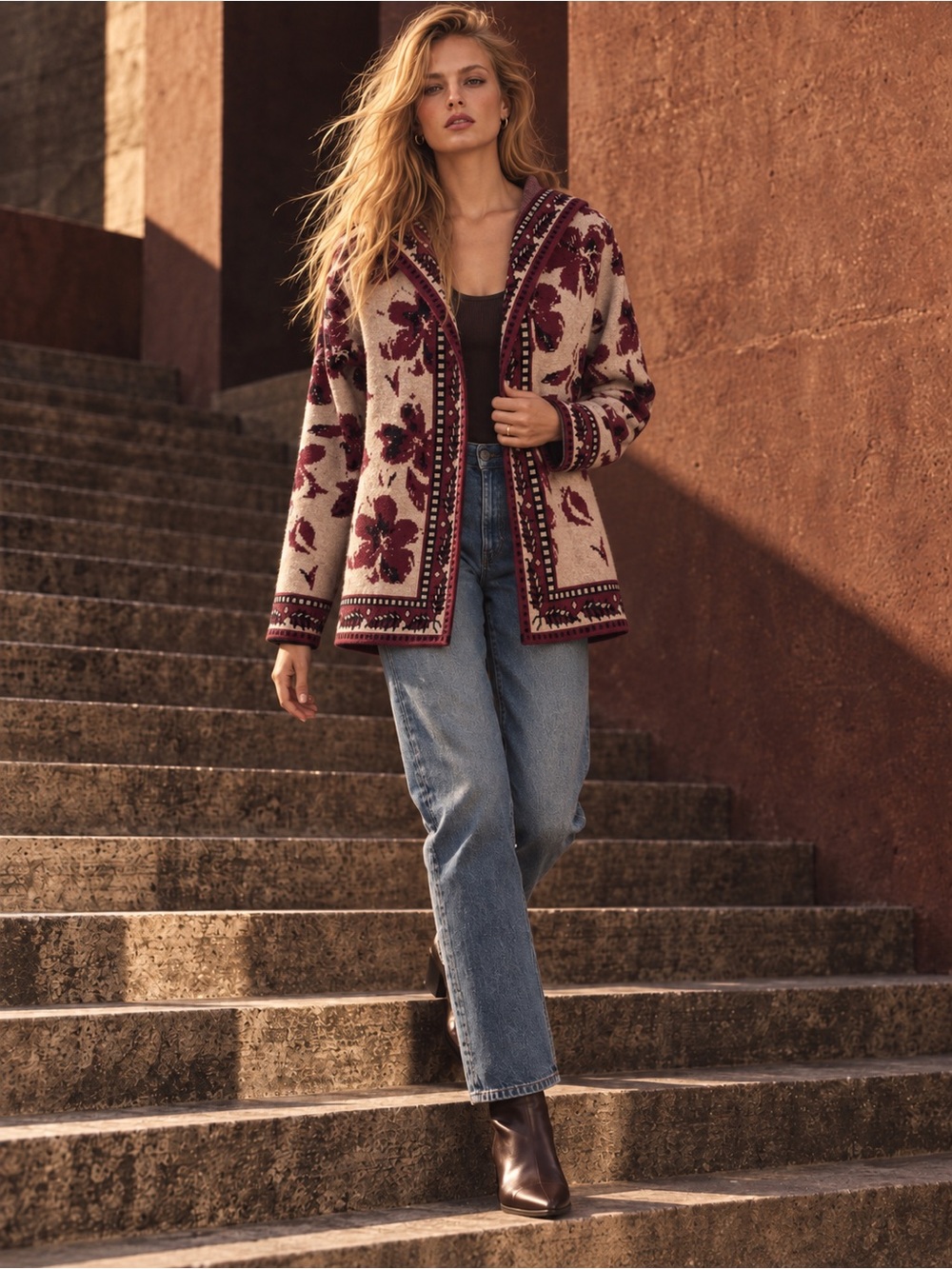 Rachel Zoe Burgundy Floral Jacquard Hooded Cardigan Sweater, Size S